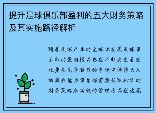 提升足球俱乐部盈利的五大财务策略及其实施路径解析 提升足球俱乐部盈利的五大财务策略及其实施路径解析