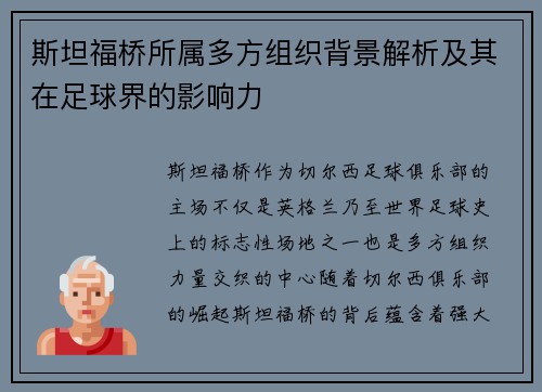 斯坦福桥所属多方组织背景解析及其在足球界的影响力