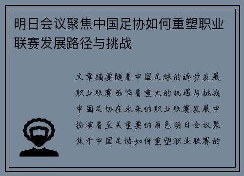 明日会议聚焦中国足协如何重塑职业联赛发展路径与挑战