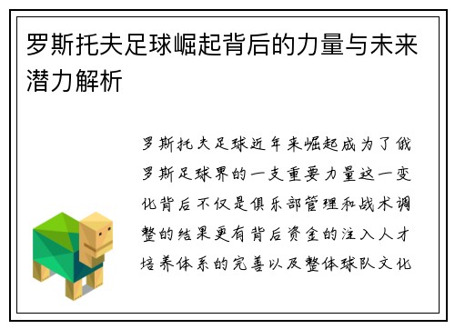 罗斯托夫足球崛起背后的力量与未来潜力解析