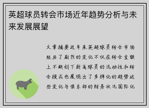 英超球员转会市场近年趋势分析与未来发展展望
