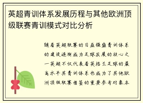 英超青训体系发展历程与其他欧洲顶级联赛青训模式对比分析