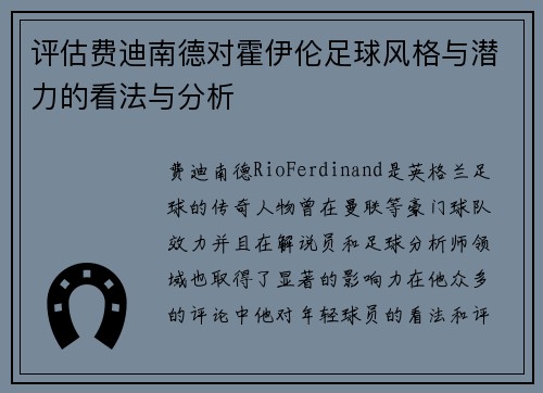 评估费迪南德对霍伊伦足球风格与潜力的看法与分析