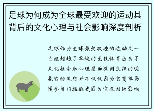 足球为何成为全球最受欢迎的运动其背后的文化心理与社会影响深度剖析